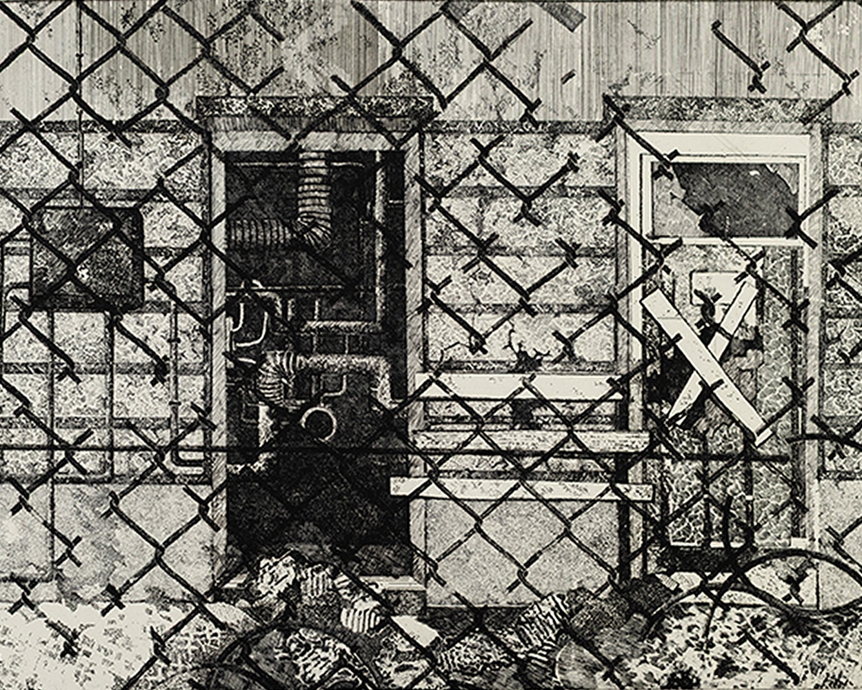 Karin-Birgitte-Lund,-'Nedlagt-fabrik',-1976-,-ætsning,-30-x-40-cm